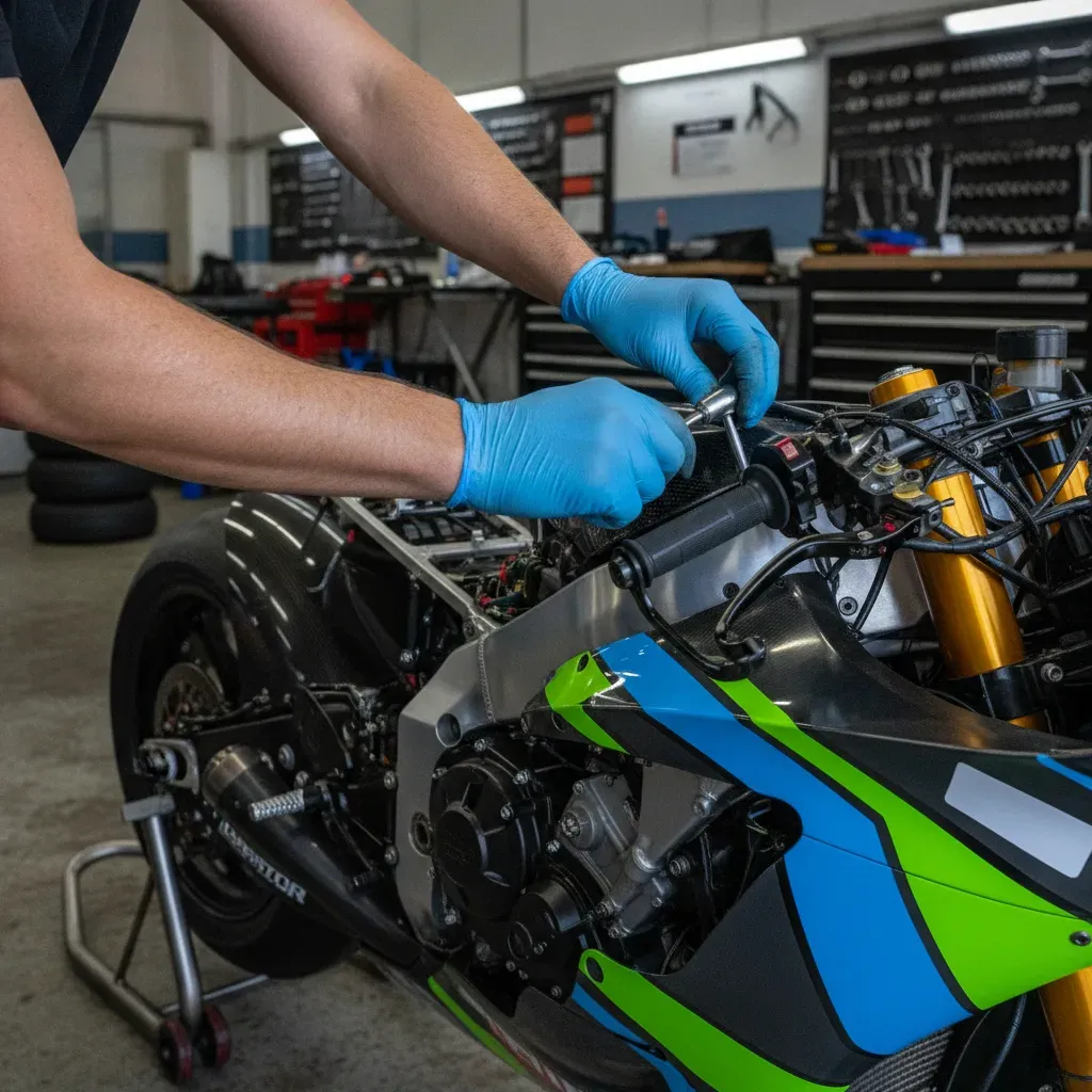 A close-up view of a mechanic's hands adjusting the complex electronics on the handlebars of a MotoGP test bike in a garage.