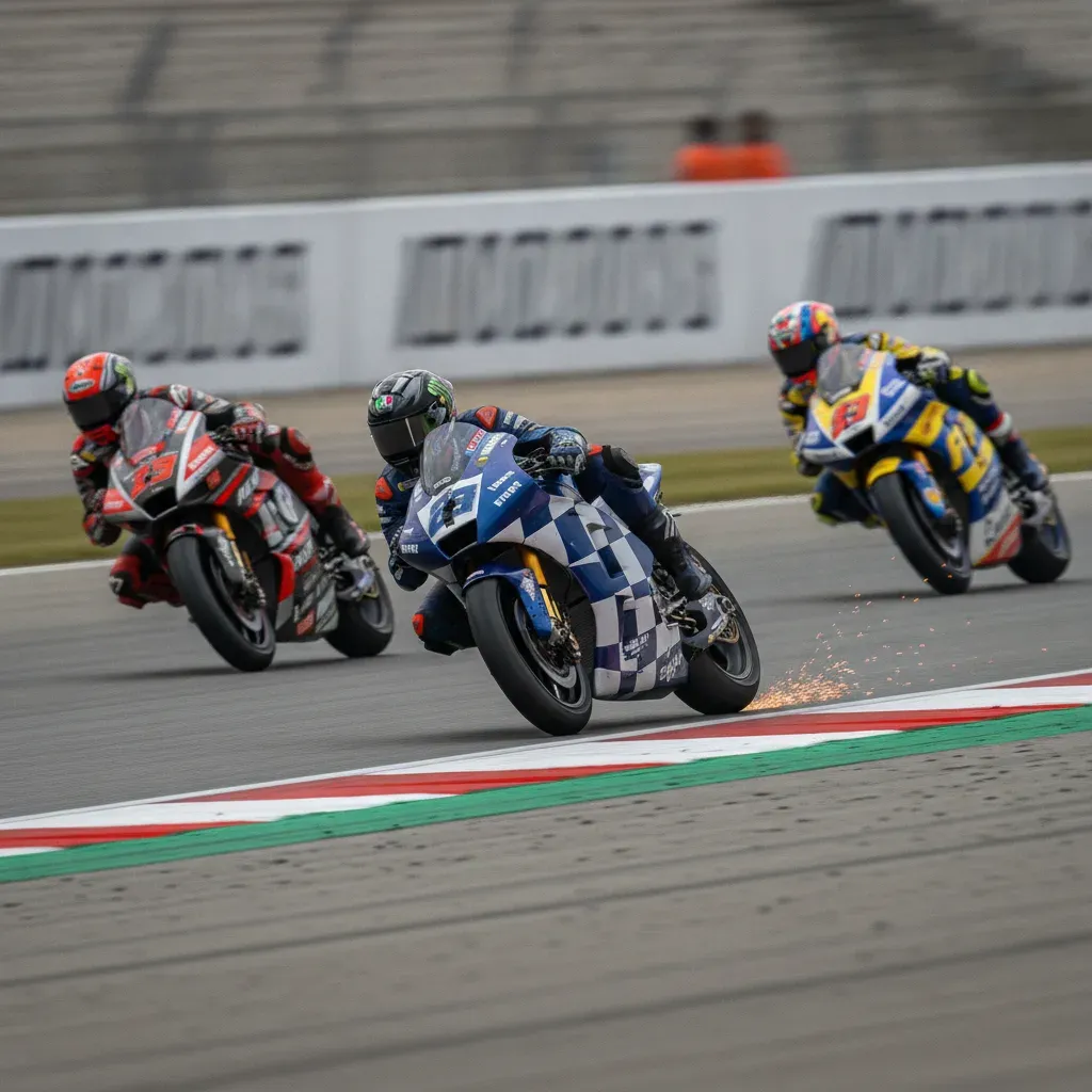 A MotoGP test rider on a wildcard entry battles with two other racers through a tight corner during a race.