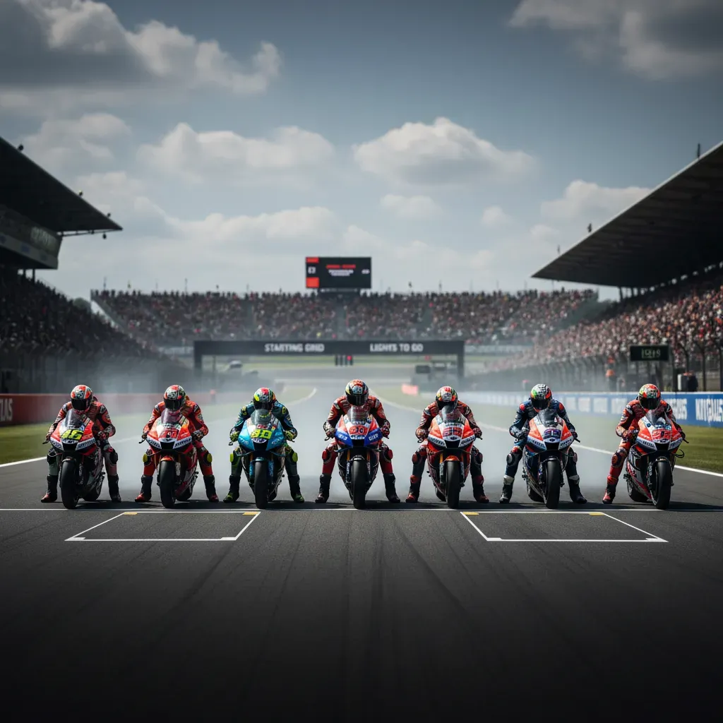 Hero Image: A wide, photorealistic shot of a full grid of generic MotoGP race bikes lined up on the starting grid. The f