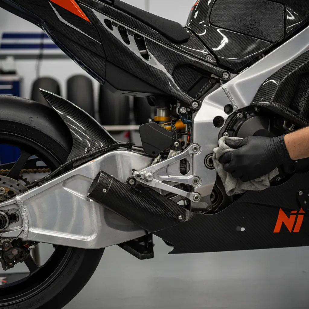 Mid-article Image: A detailed, photorealistic close-up shot of the side of a generic prototype MotoGP bike in a brightly