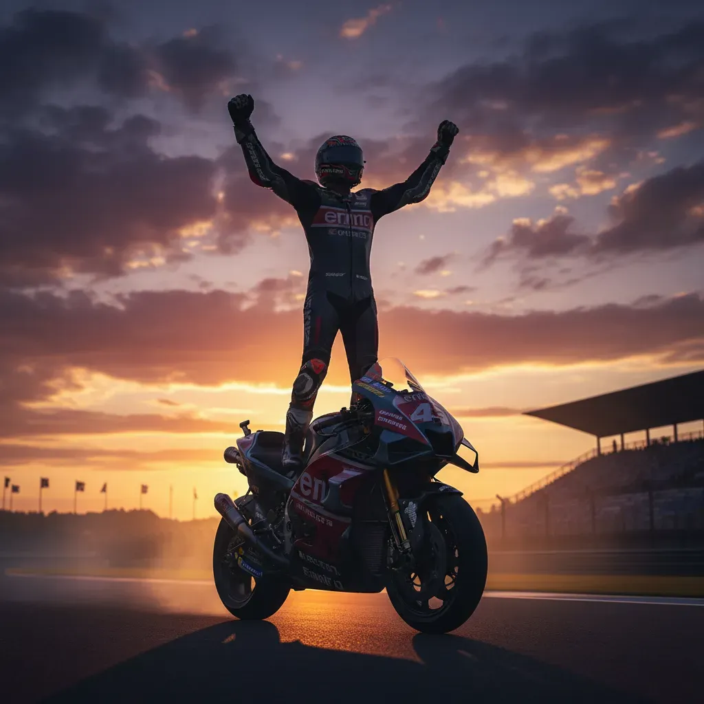 Closing Image: An atmospheric, photorealistic shot of a generic MotoGP rider celebrating a victory on their 'cool-down' 