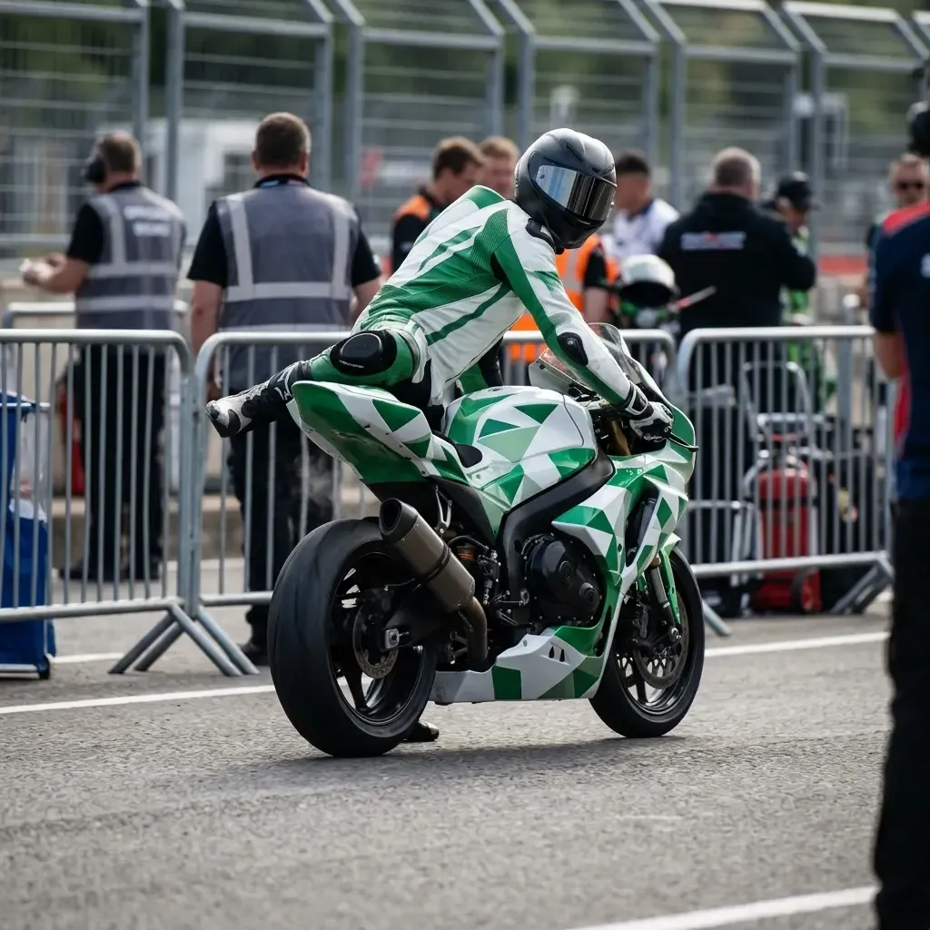 A MotoGP rider, face flushed with effort and still wearing his unbranded racing leathers, swings his leg over his bike t