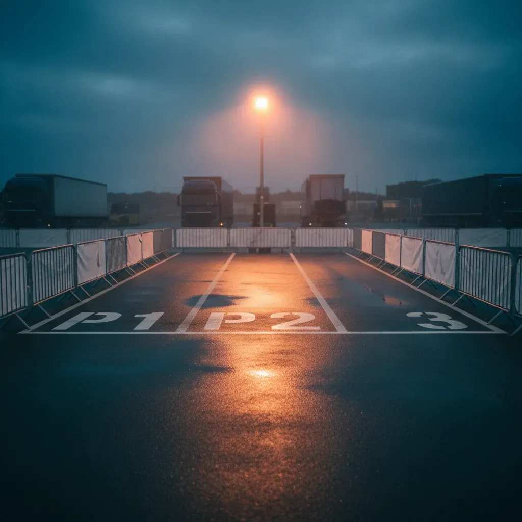 An atmospheric, wide shot of an empty parc fermé area late in the evening after everyone has left. The temporary barrier