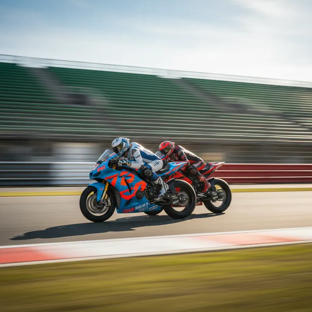 A tight, side-on panning shot of two generic MotoGP-style bikes, nose-to-tail on a sun-drenched main straight. The backg