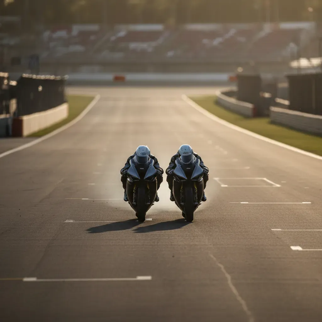 A head-on telephoto shot looking down a long circuit straight. Two racing motorcycles are approaching the camera at imme