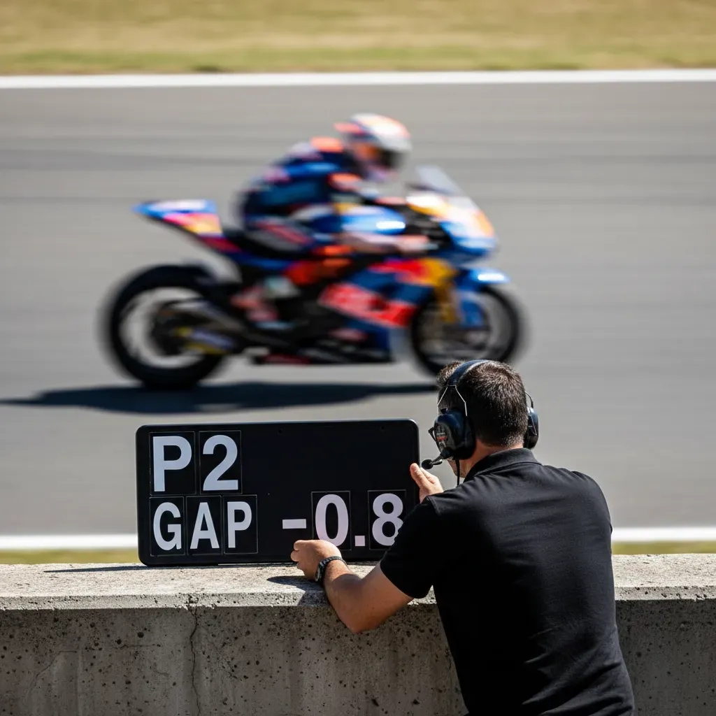 Eye-level shot from the track side of the pit wall. A team manager in a plain black polo shirt and headset leans intentl