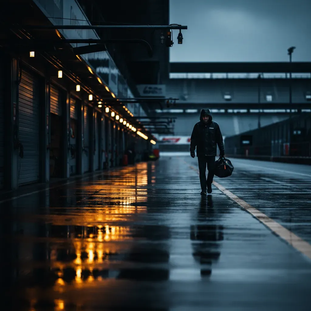 An atmospheric, telephoto shot down a deserted pit lane after a race. The tarmac is wet, reflecting the warm, yellow lig