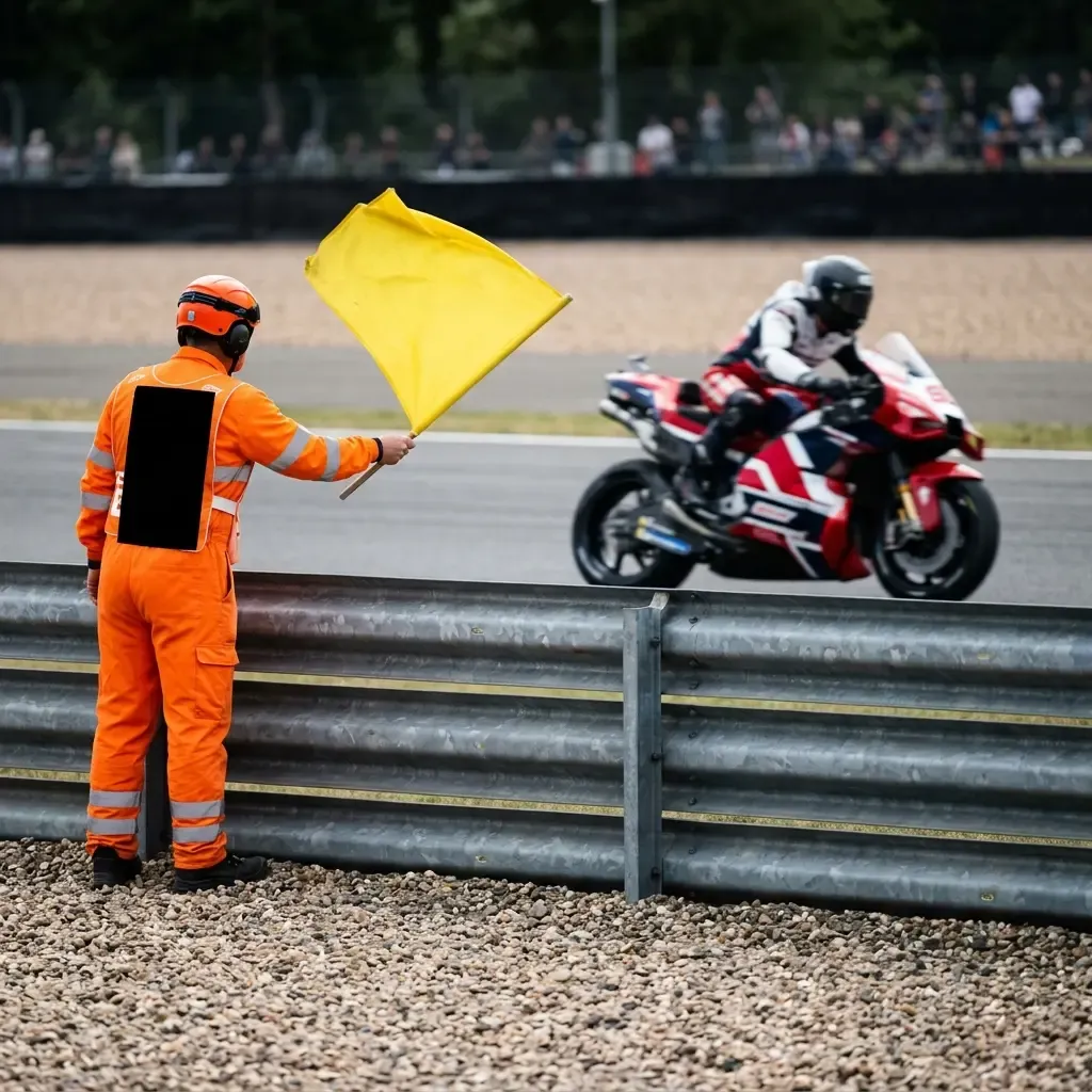 Marshals in orange overalls clearing debris from the edge of the gravel while a rider passes, with an official car standing by in the background.