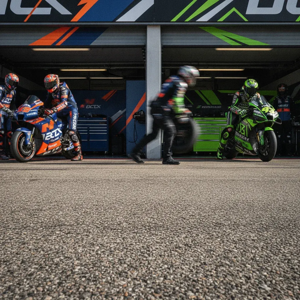 A view down the MotoGP pit lane showing two different, brightly coloured team garages next to each other.