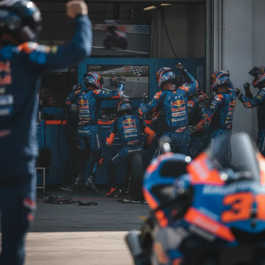 A team of mechanics and engineers celebrating with joy inside their pit garage while watching a race on screen.