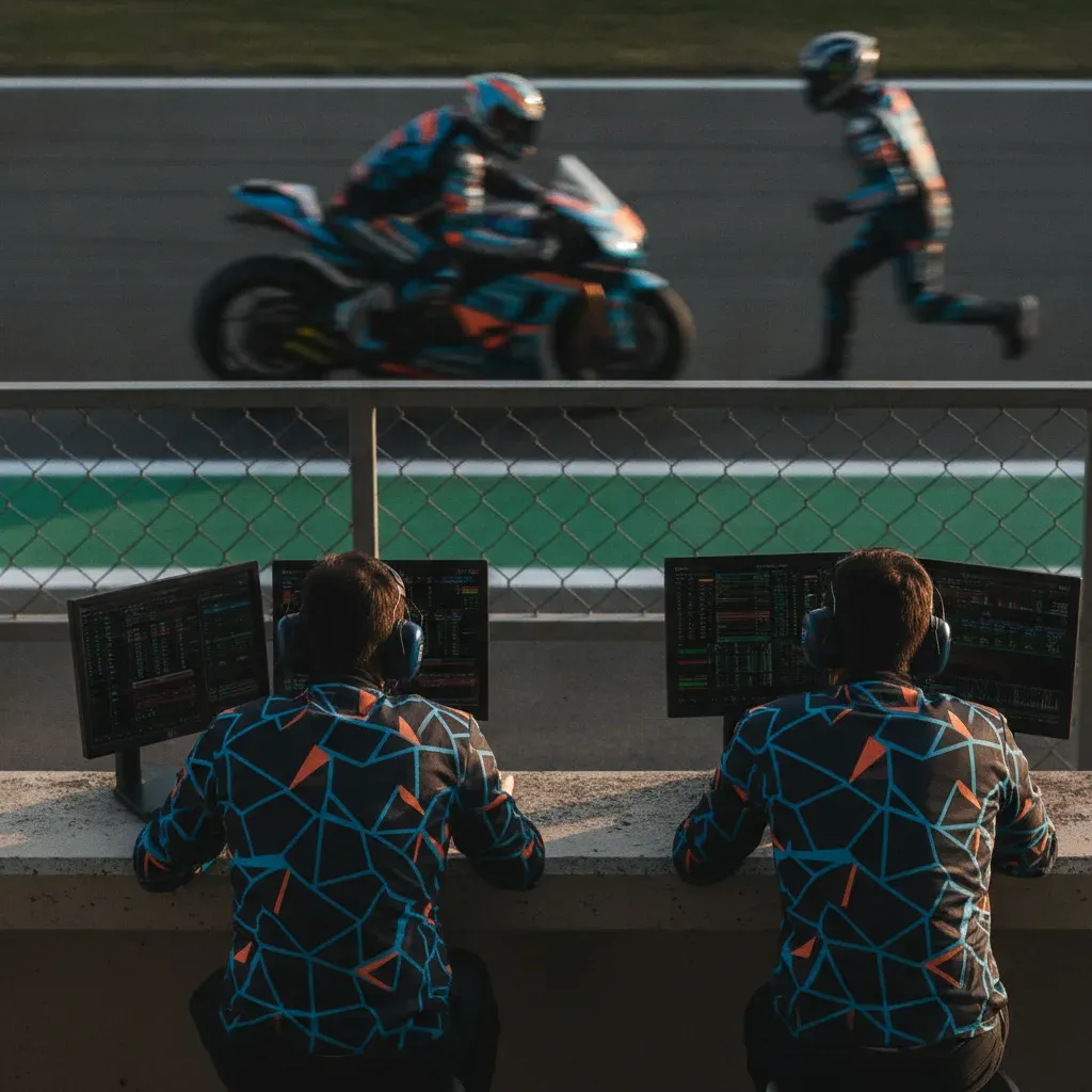 Team personnel at the pit wall anxiously watching timing screens and data during a MotoGP race.