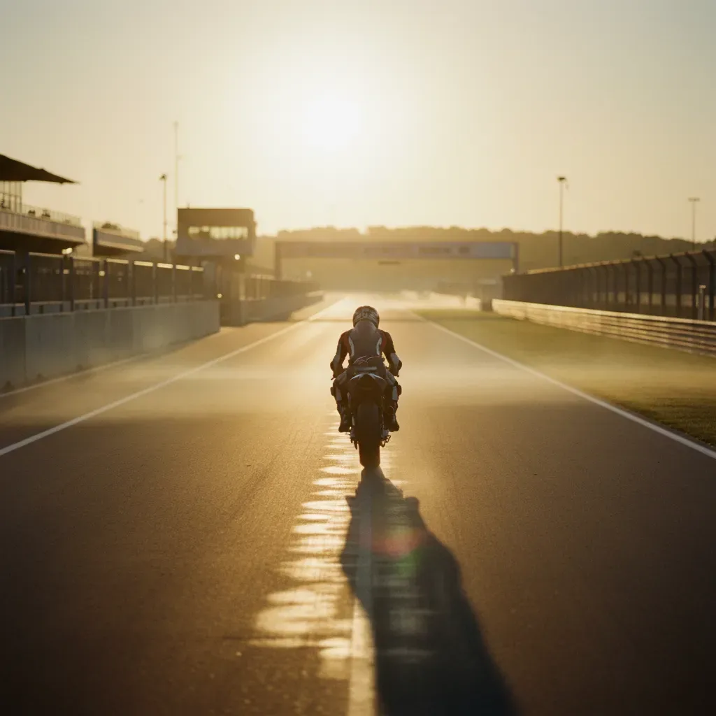 An atmospheric, rear-view shot from behind a lone rider at the end of a race. The sun is setting, casting long shadows a