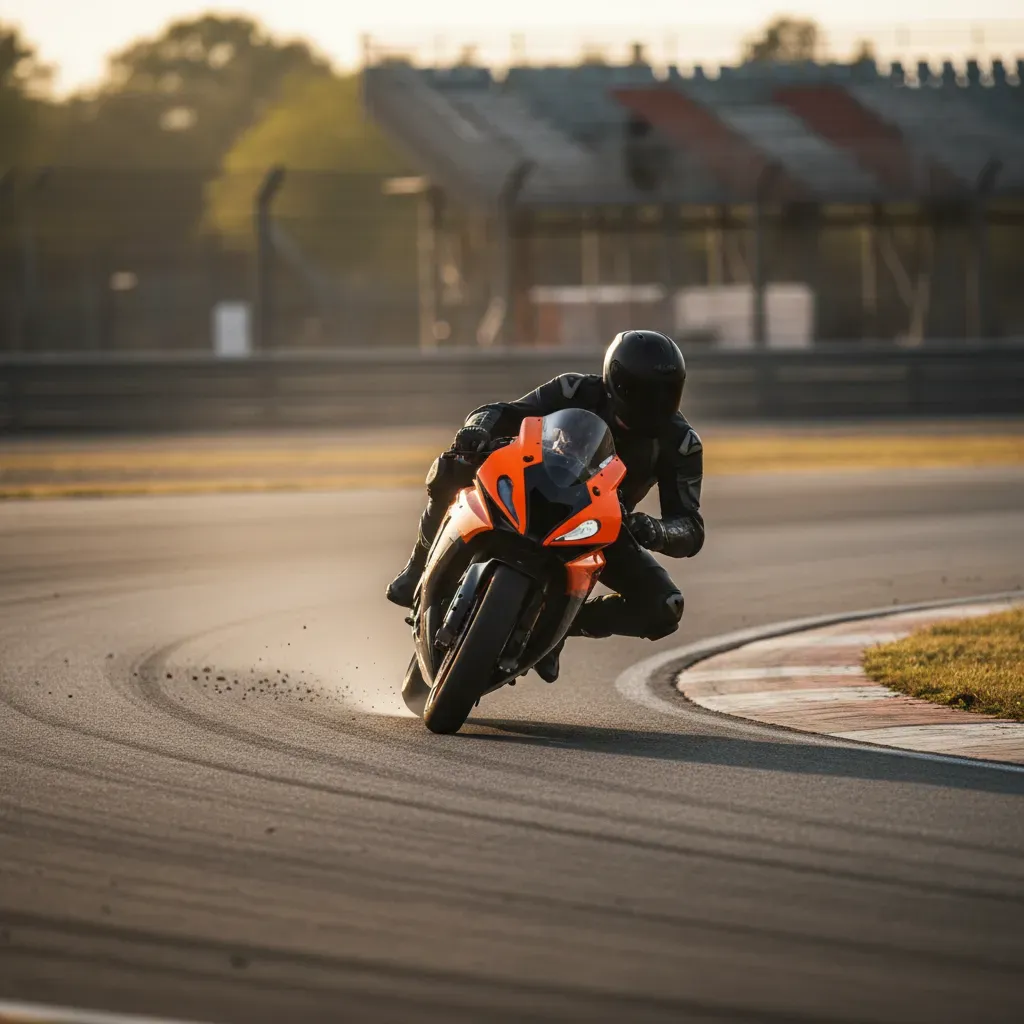 A rider on a generic orange and black bike fighting for control late in a race. The bike is visibly sliding on the exit