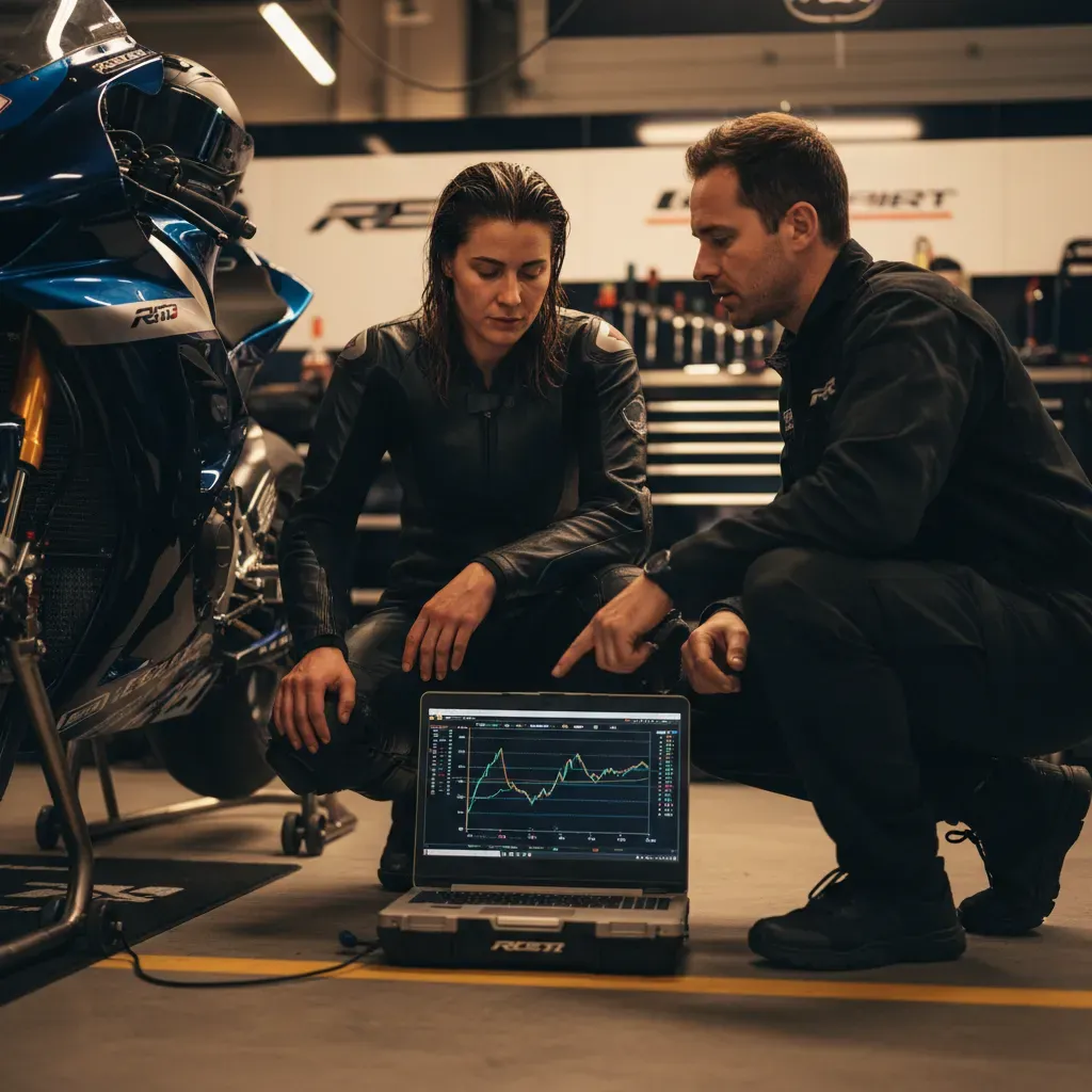 An intimate, quiet moment inside a brightly lit pit garage. A rider, helmet off and hair damp with sweat, is crouched do