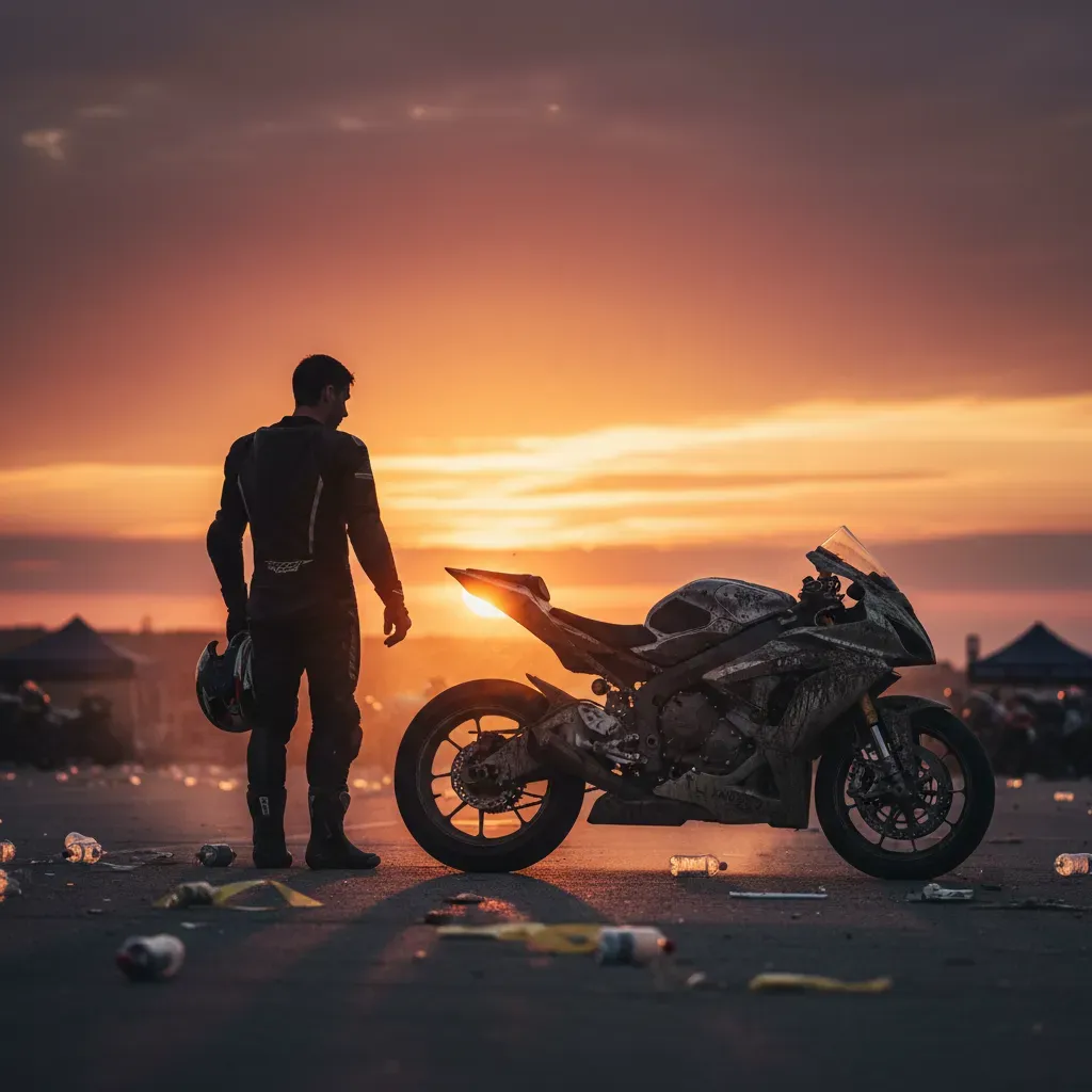 An atmospheric, wide shot of a lone rider standing in parc fermé after a gruelling race. The rider, still in full leathe