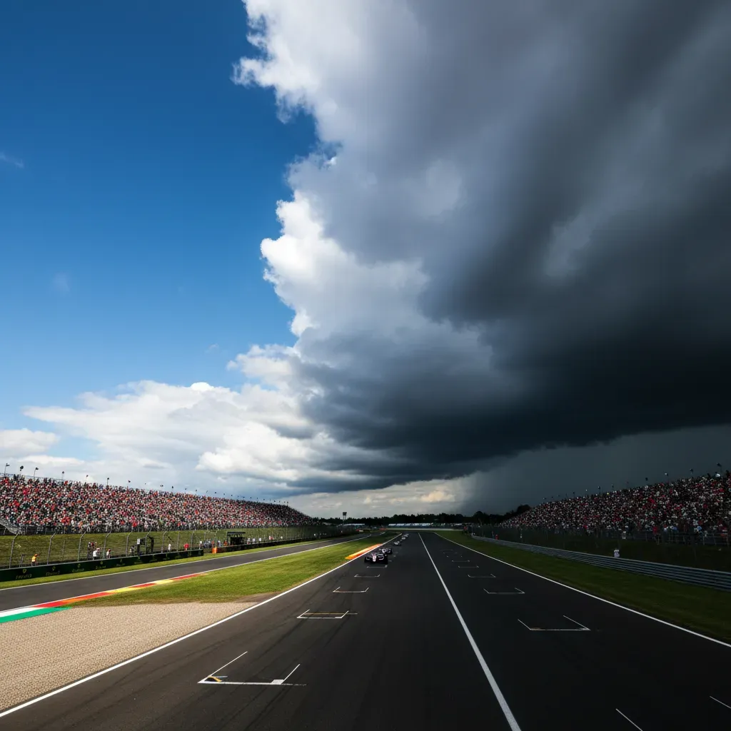 A wide shot capturing a sunny grand prix circuit under a split sky. On one side, bright blue sky and packed grandstands.