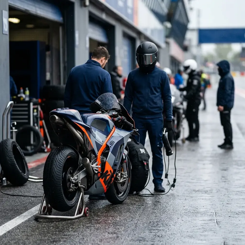 A dynamic, chaotic scene inside a pit garage during a bike swap. A rider in unbranded leathers is captured mid-air, leap