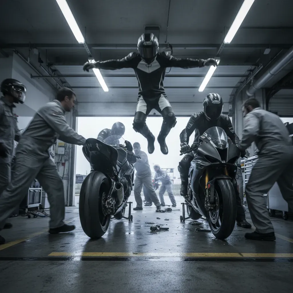 A dynamic, chaotic scene inside a pit garage during a bike swap. A rider in unbranded leathers is captured mid-air, leap