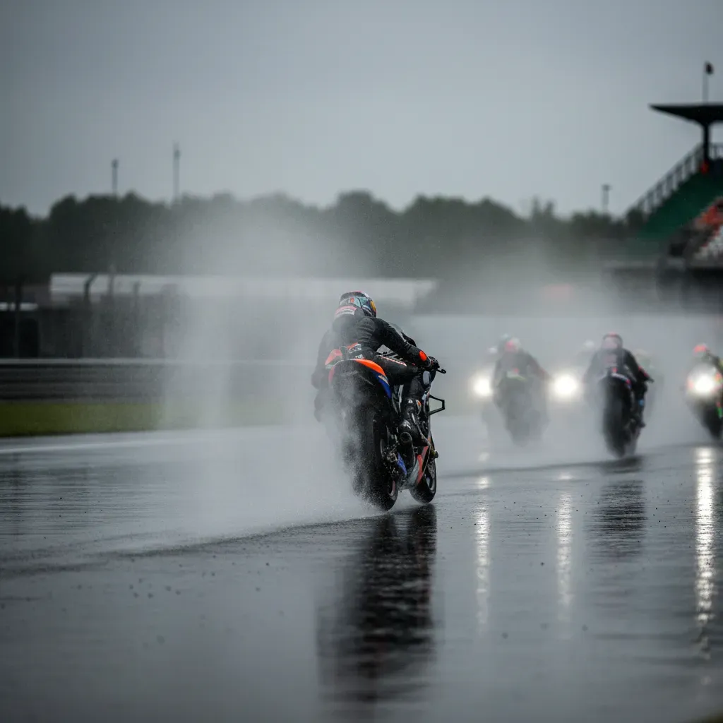 A powerful telephoto shot from behind a MotoGP bike on a soaking wet track after a bike swap. The rider is leaned over,