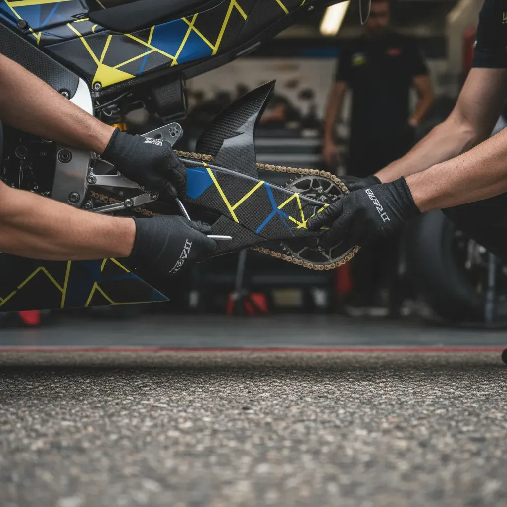 A close-up view of two mechanics' hands carefully working on the complex rear section of a MotoGP bike.
