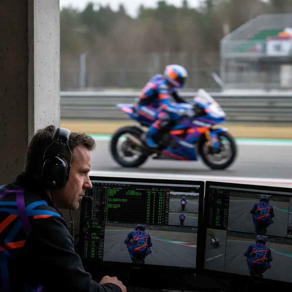 A crew chief wearing a headset watches monitors from the pit wall as a MotoGP bike speeds past on the track.