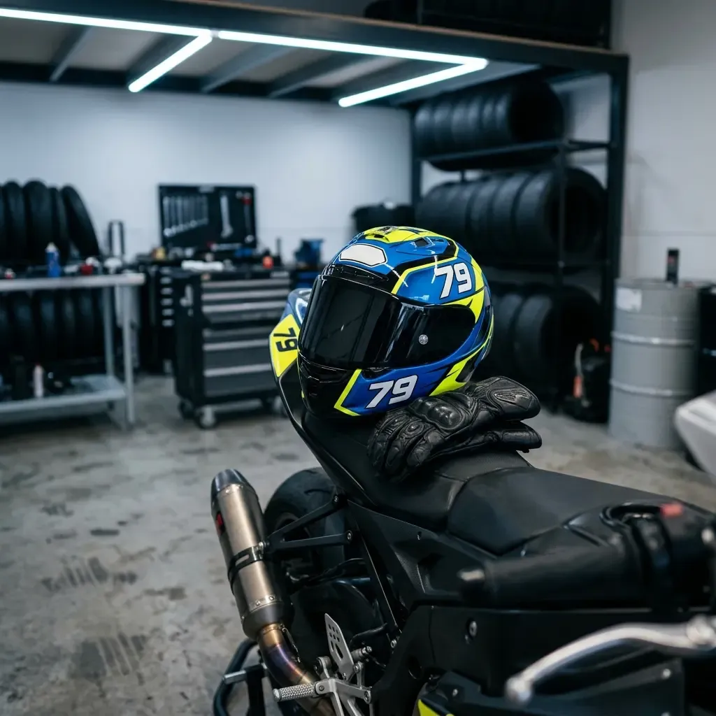 A quiet, contemplative moment in a brightly lit pit garage. A photorealistic shot of an anonymous Japanese rider in plai