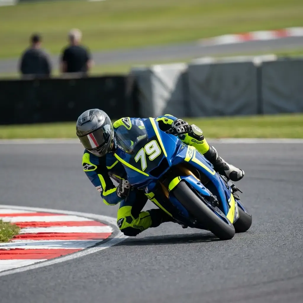 A tight, action-oriented shot from a low angle, focusing on a rider's hands and helmet as they navigate an s-bend. The r