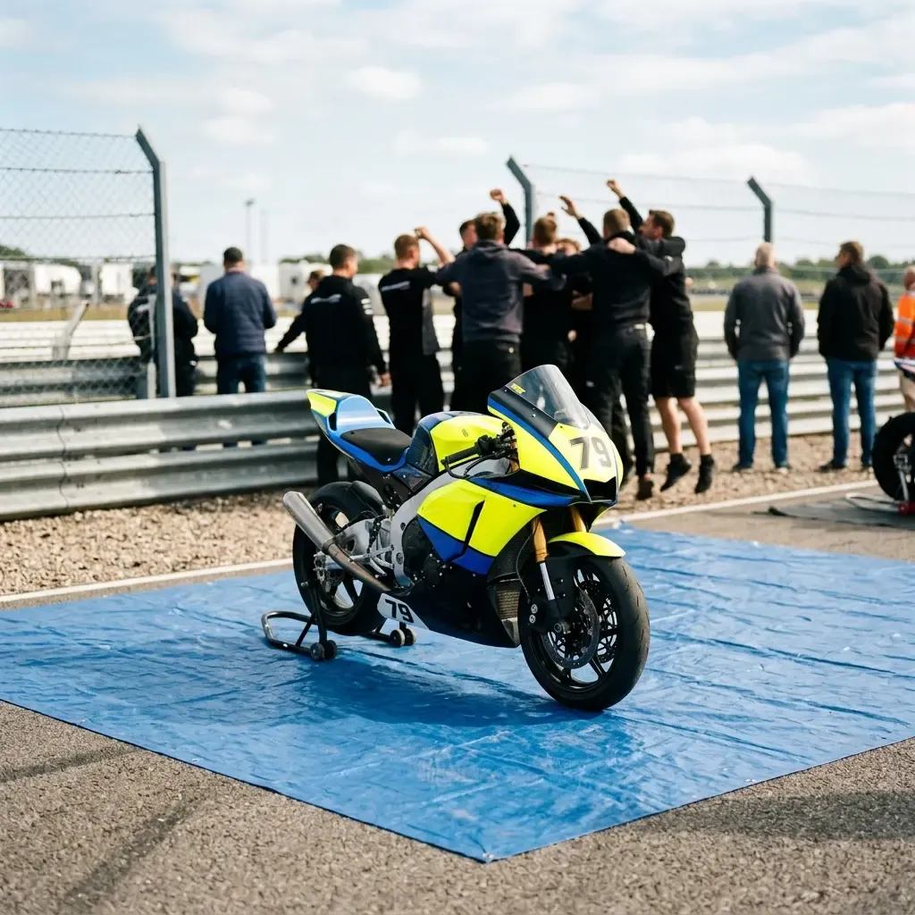An atmospheric, wide shot of a lone rider completing a cool-down lap after a race. The sun is setting behind the main gr