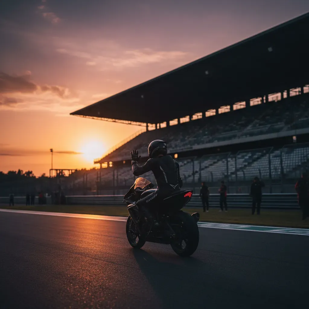 An atmospheric, wide shot of a lone rider completing a cool-down lap after a race. The sun is setting behind the main gr