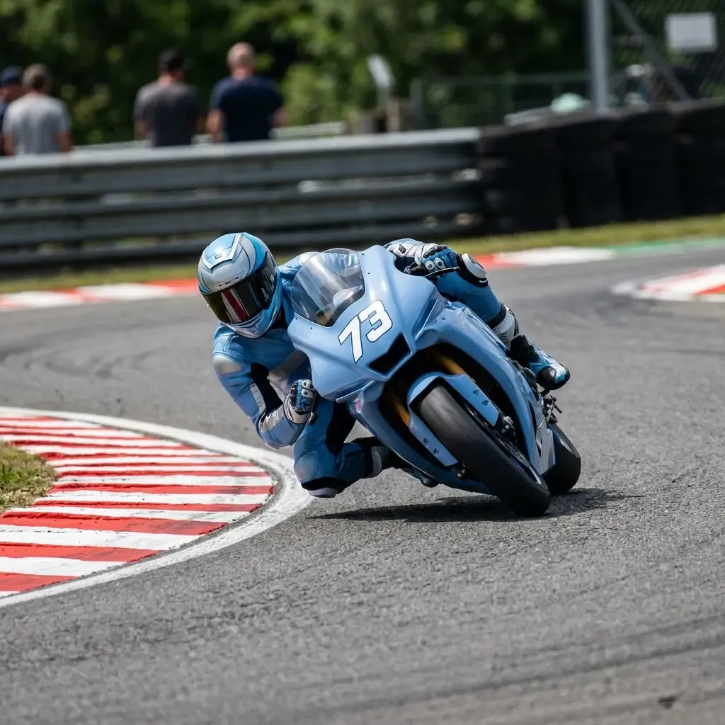 A dynamic, close-up action shot from a low angle, capturing the front wheel of an unbranded prototype race bike as it cr