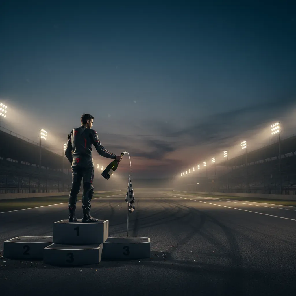 An atmospheric, wide-angle shot of a lone rider in plain racing leathers standing on the top step of a podium after a ra