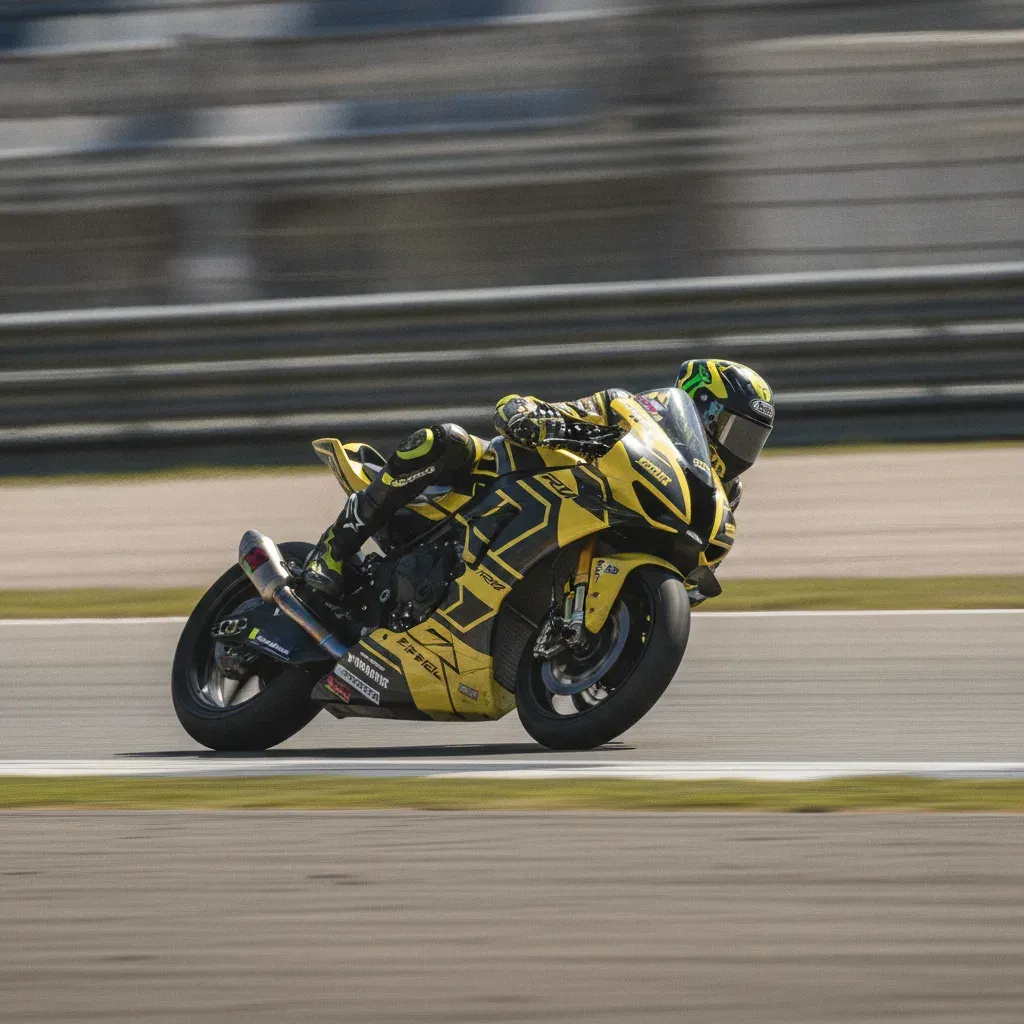 The rear view of a MotoGP race bike in solid blue accelerating down a race track on a sunny day.