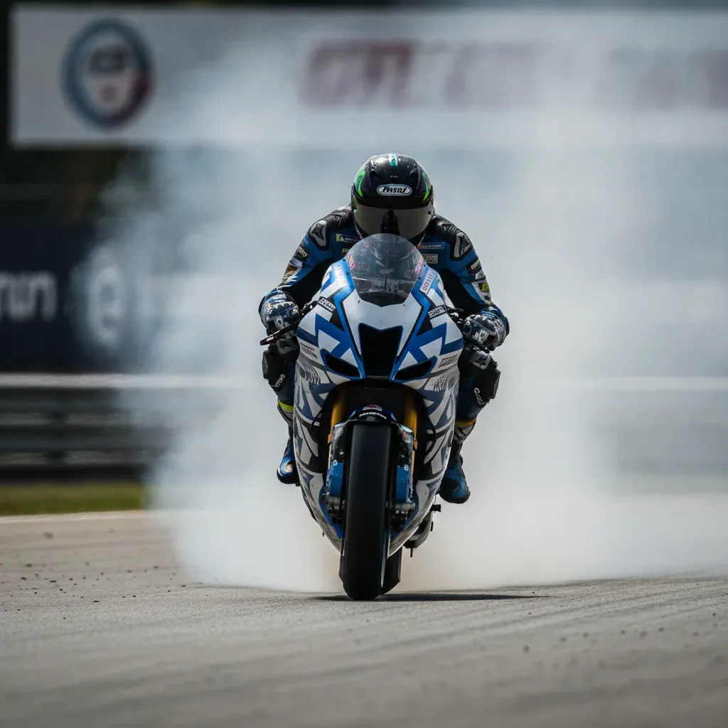 A MotoGP rider in a pit garage sits on a plain blue race bike, appearing to analyse its controls.
