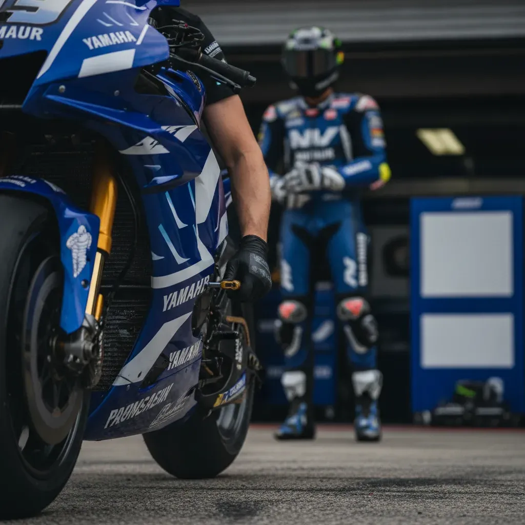 A lone MotoGP rider on a blue race bike reaches the crest of a hill on a sweeping race circuit.