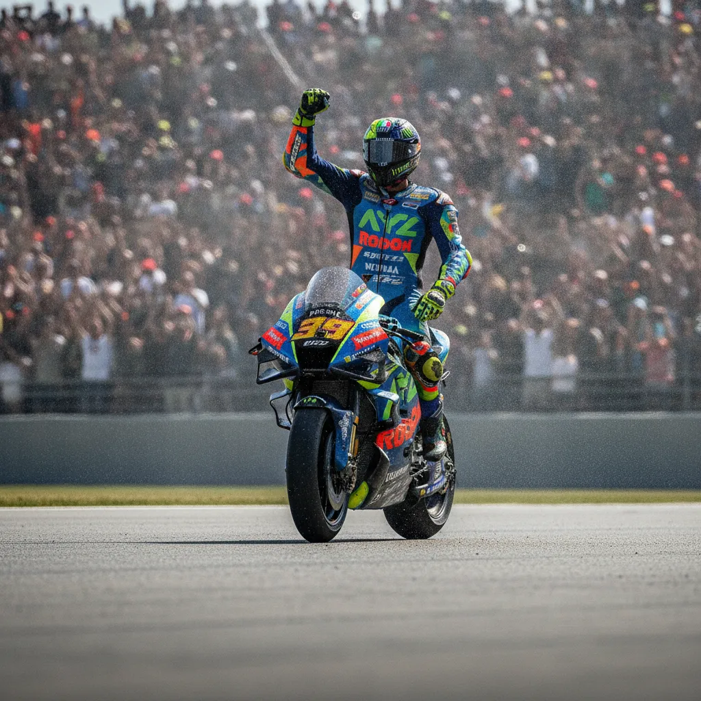 A MotoGP rider celebrates a victory by standing on the seat of his motorcycle in front of the crowd.