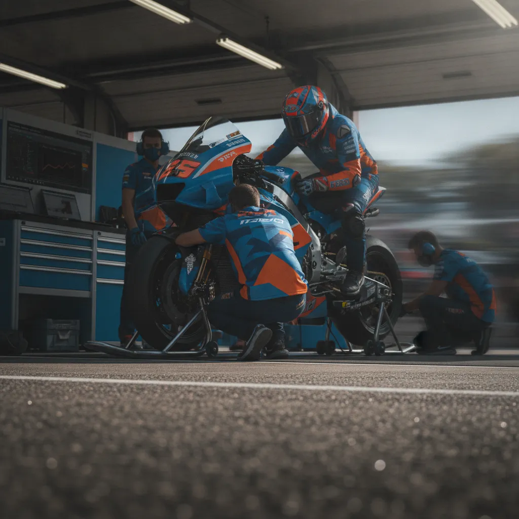 A team of mechanics works on a sophisticated MotoGP bike inside a clean and professional pit garage.