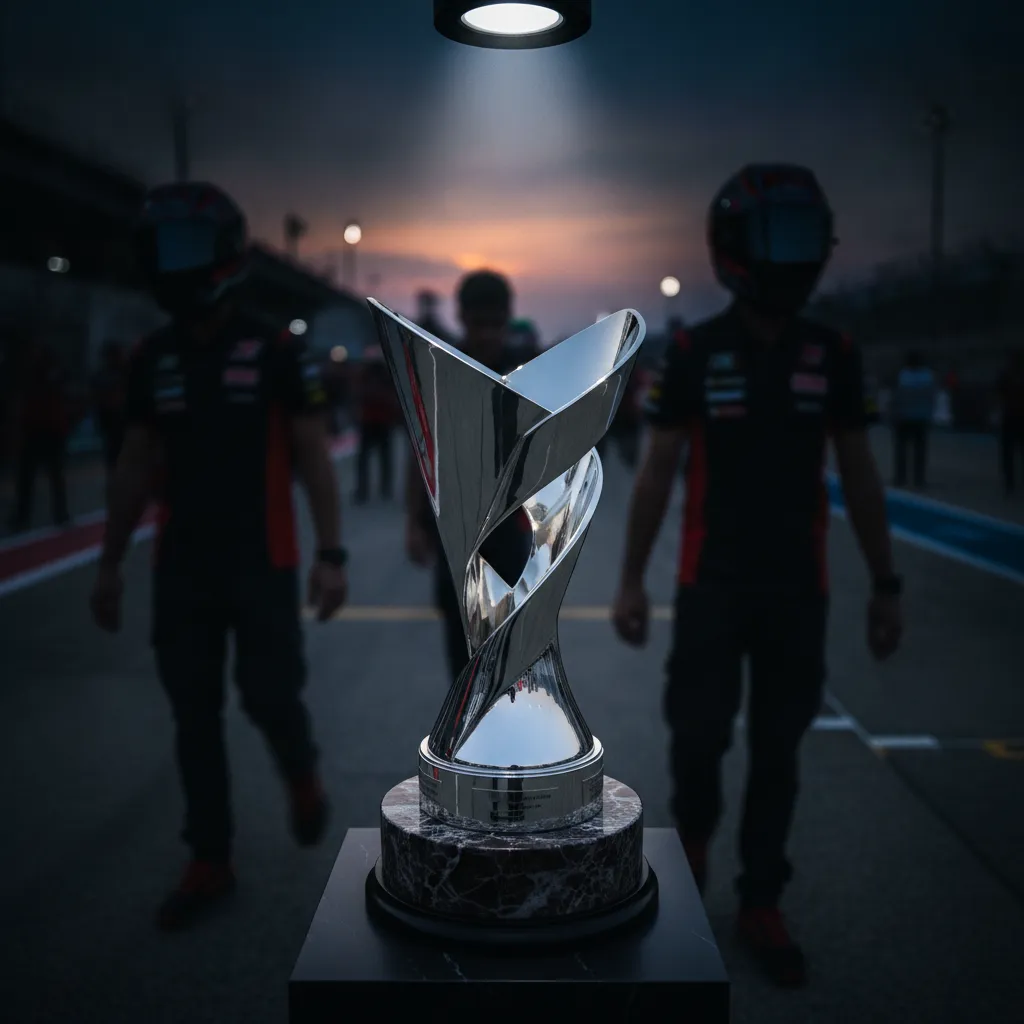 The impressive silver MotoGP World Championship trophy is displayed under a spotlight.
