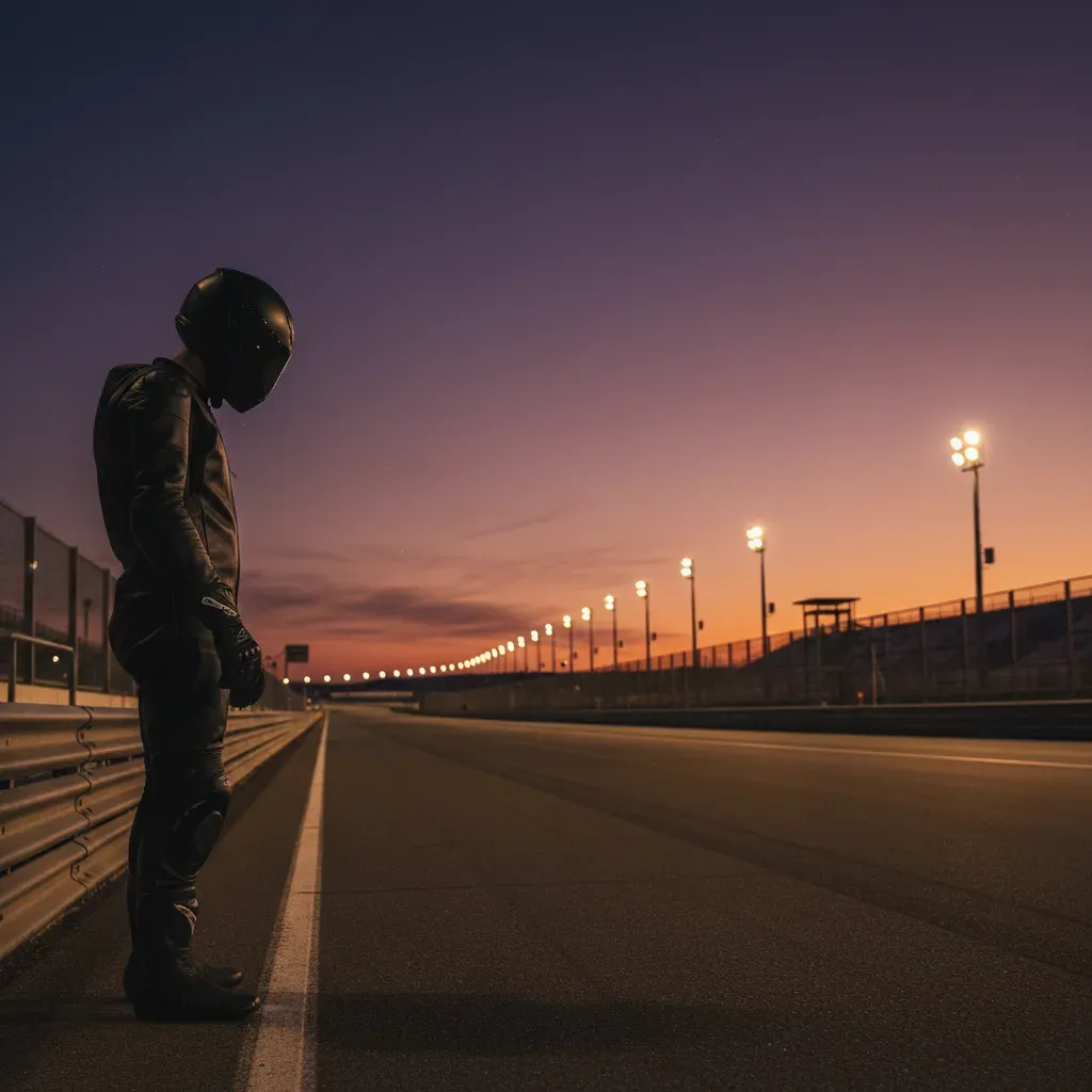 A wide, atmospheric shot capturing a moment of contemplation. A solitary rider in simple black leathers stands at the ed