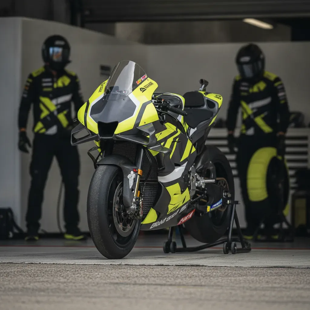 A Ducati Desmosedici MotoGP bike being prepared inside the garage of the Pertamina Enduro VR46 Racing Team.