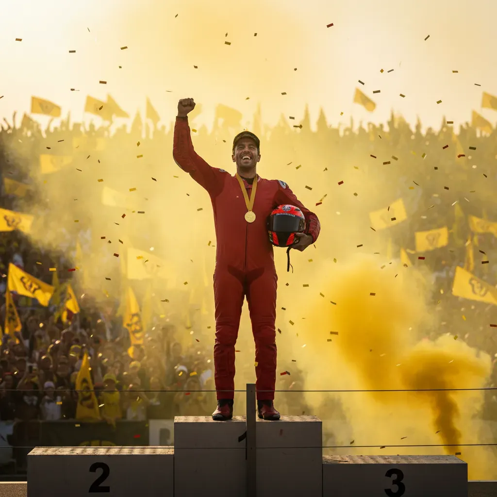 A rider in a plain red racing suit stands on the top step of the podium, punching the air in victory. In the blurred bac