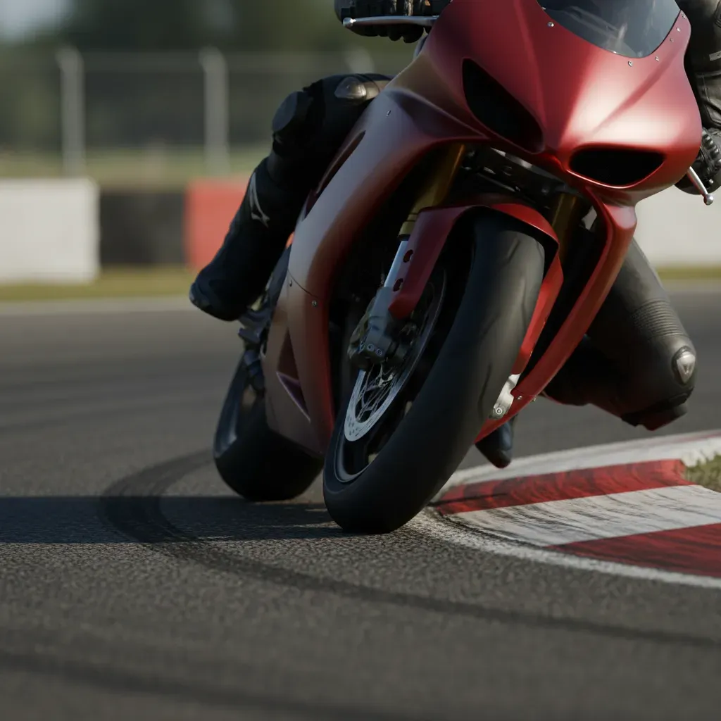A tight, low-angle action shot focusing on the front wheel and knee of a rider on a plain red motorcycle. The rider's kn