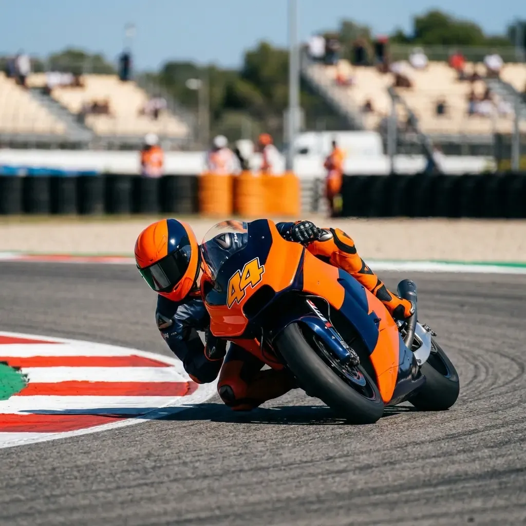 Pol Espargaro demonstrates his aggressive riding style, leaning his KTM bike low into a corner at speed.