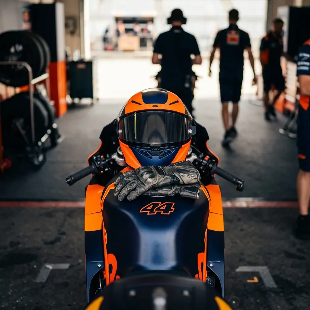 A helmet and gloves on a Red Bull KTM Tech3 bike, representing Pol Espargaro's readiness as a substitute rider.