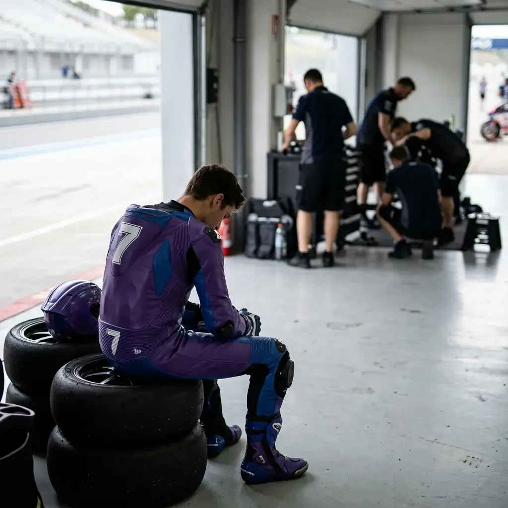 An atmospheric, candid moment inside a brightly lit pit garage after a race. An anonymous rider, helmet off, has a wide,