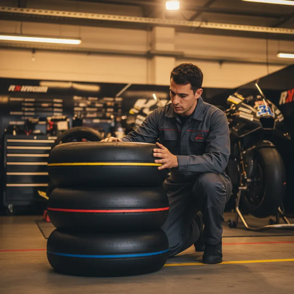 A low-angle shot from inside a brightly lit MotoGP garage. A stack of three slick tyres, each with a different coloured 