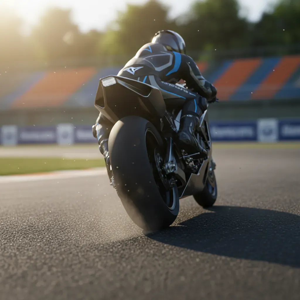 A dynamic, track-level action shot of a racing motorcycle leaned at an impossible angle through a sun-drenched chicane. 