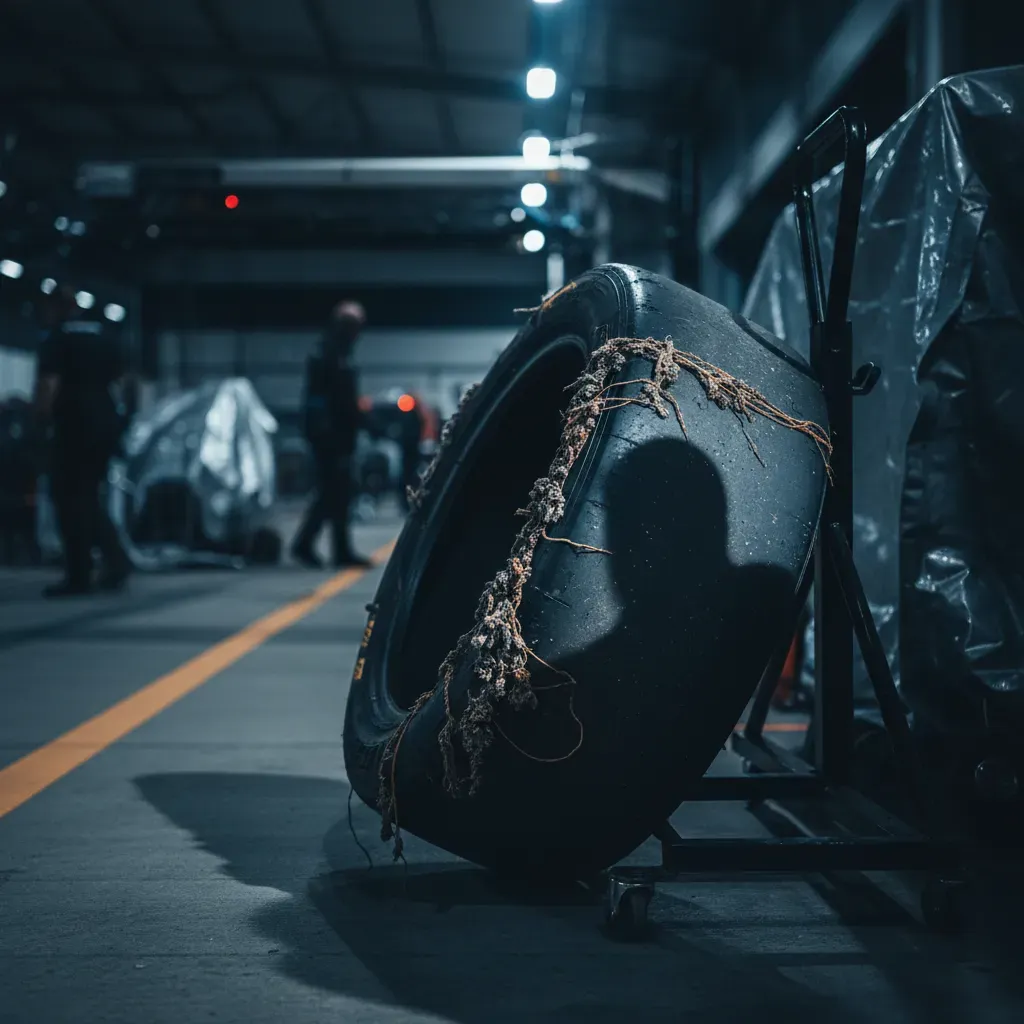 A quiet, atmospheric shot in parc fermé after a race. A rear slick tyre, now covered in 'marbles' (small balls of discar