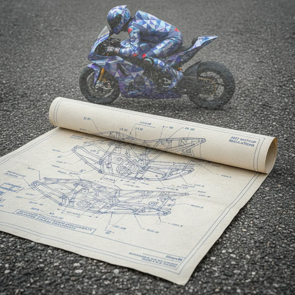 Two motorcycle racing helmets with Spanish and Japanese designs sit next to technical drawings on a table.