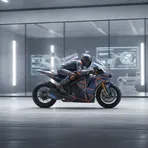 A brand new, unpainted Yamaha MotoGP bike in a workshop, with a technician applying Jorge Martin's race number to it.