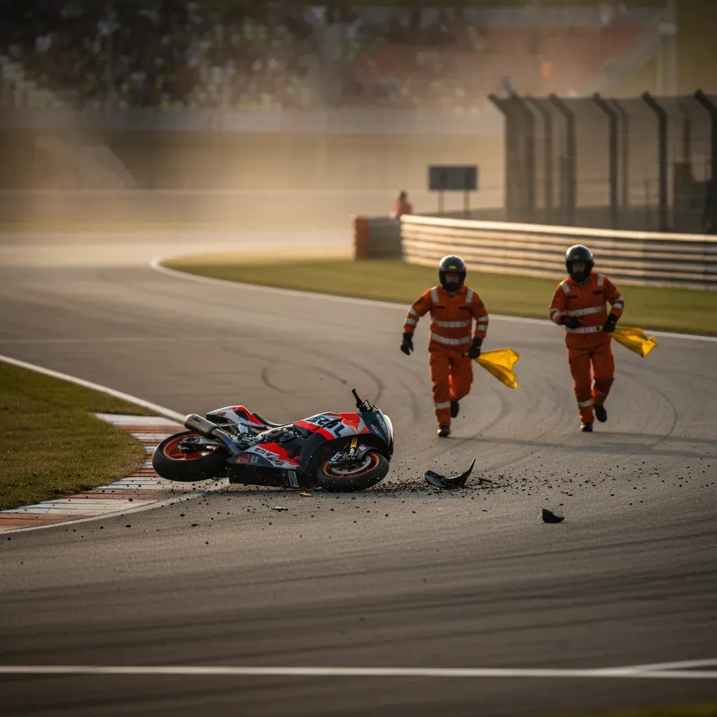 A wide-angle shot of a chaotic crash scene at a racetrack corner. A racing motorcycle, its livery unbranded, lies on its